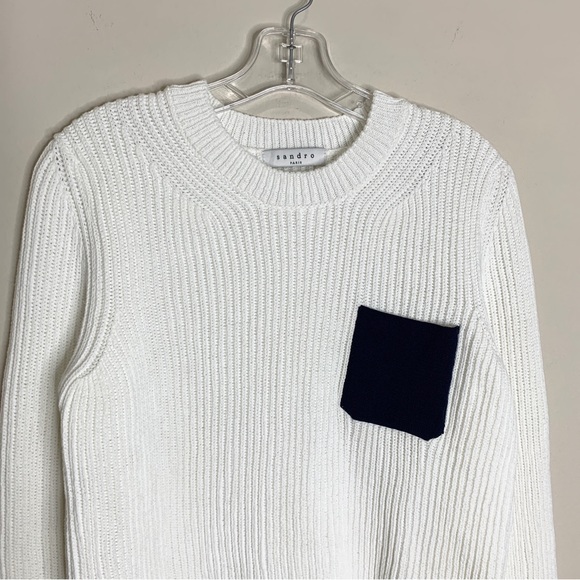 NEW Sandro Sharlene Knit Sweater (Sz 3 / L) Ribbed Crewneck Blanc Navy - Picture 5 of 16